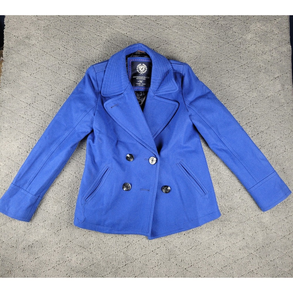 American Eagle Pea Coat Womens M Blue Short Wool Blend Preppy